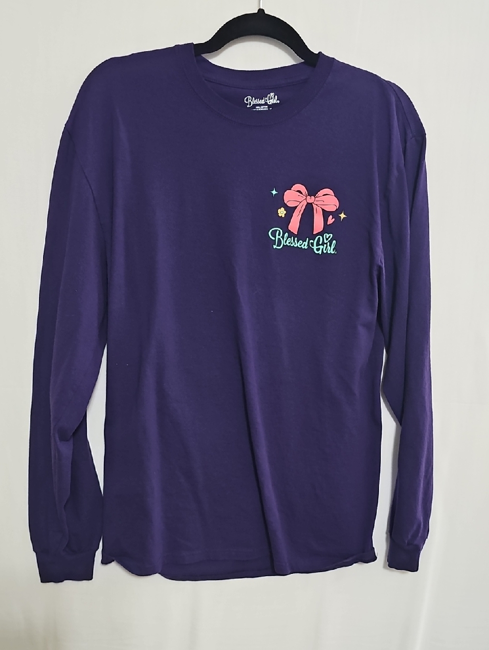 Blessed Girl Purple Long-Sleeve Tee with Pink Bow Graphic